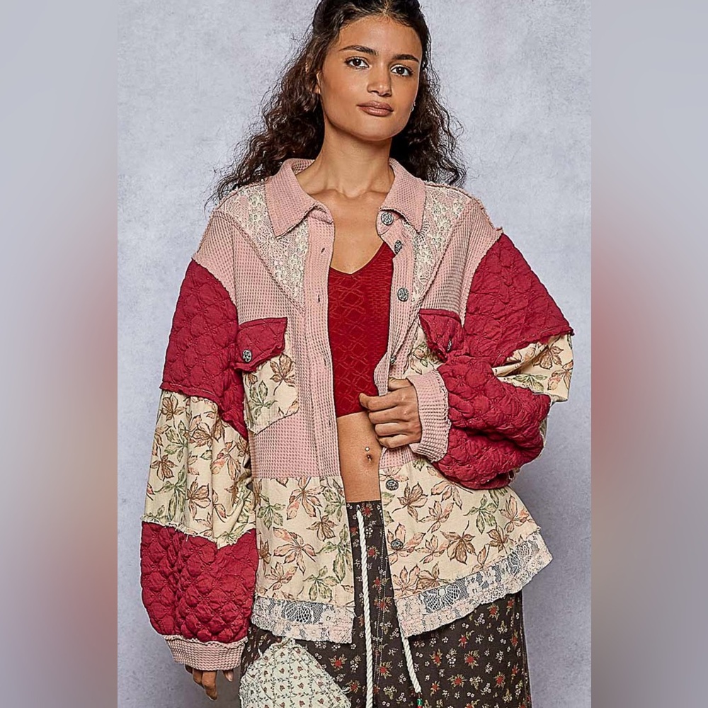 P59. NEW POL Quilted Lace Jacket Floral Pearls Balloon Sleeve Relaxed Fit Mauve - Picture 1 of 9